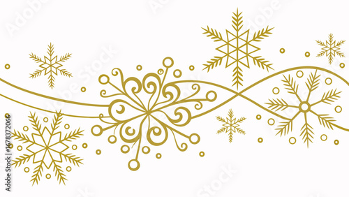 Elegant gold snowflake and swirl border design on a clean white background for winter holidays