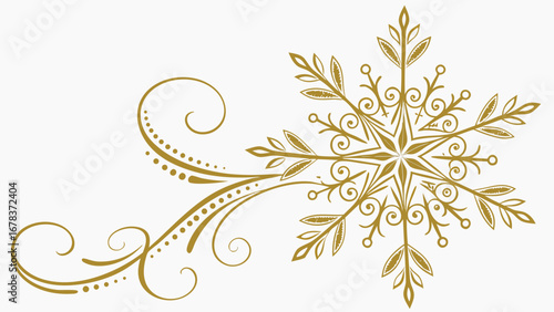 Elegant gold snowflake swirl flourish with decorative ornate filigree and leaf accents
