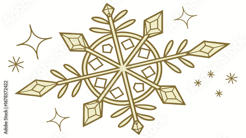 Elegant gold snowflake with sparkles and stars on a white background for winter holidays