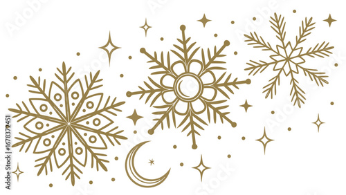 Elegant gold snowflakes and crescent moon with sparkling stars on a clean white background