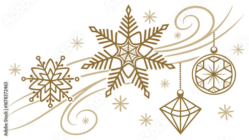 Elegant gold snowflakes and christmas ornaments with swirling wind accents on white background