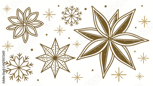 Elegant gold star anise and snowflake motifs with scattered dots and starbursts on white background