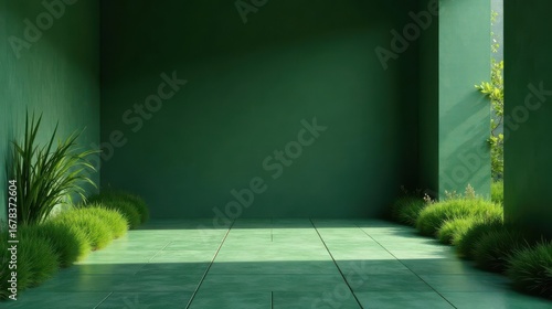 Serene Green Room with Lush Greenery and Sunlit Tiles