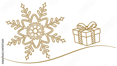 Elegant golden snowflake and gift box illustration on white background with subtle wavy line