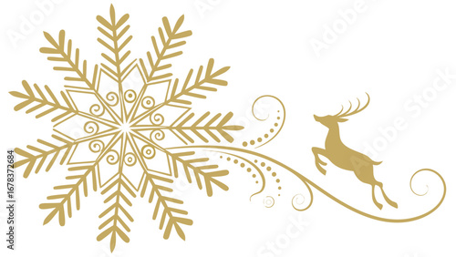 Elegant golden snowflake and leaping reindeer with swirling decorative elements on white background