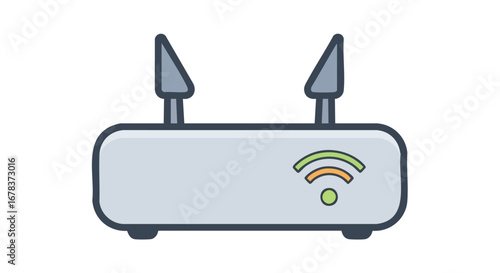 Stylized Wireless Router Illustration with Signal Indicator and Antennae for Network Communication