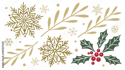 Festive christmas pattern with gold snowflakes olive branches and red holly berries on a white background