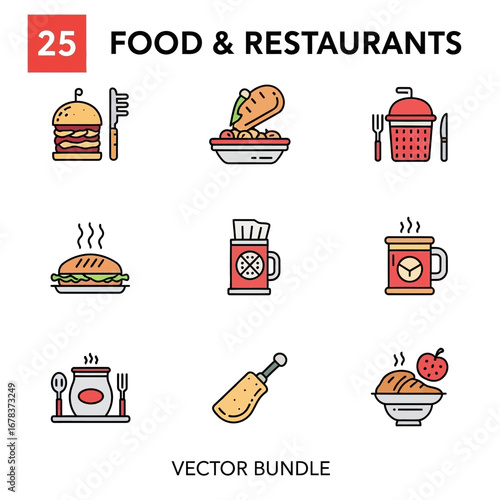 Vibrant icons showcase delicious food and drink for restaurant promotions and menus
