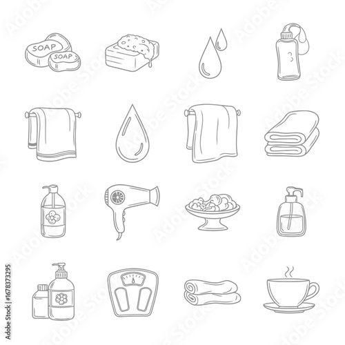 Line art icons of bathroom items and spa treatments.