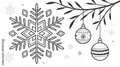 Whimsical hand drawn snowflake and christmas ornaments hanging from a branch