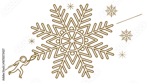 Whimsical person pulls a large decorative snowflake with a rope against a white background
