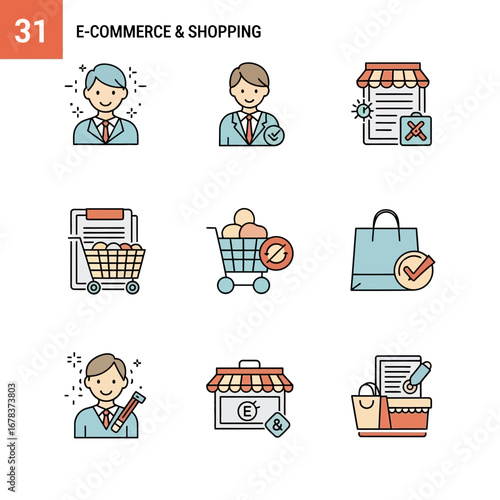 Modern e-commerce icons showcase successful online shopping, customer service, and business growth