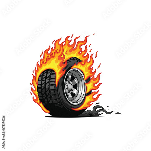 A cartoon car wheel with a chrome rim engulfed in bright orange flames, spinning rapidly and leaving skid marks.