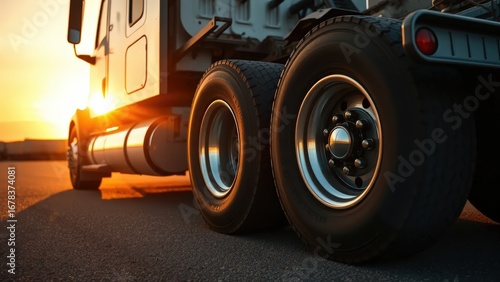 semi-truck's rear wheels and chassis at sunset

