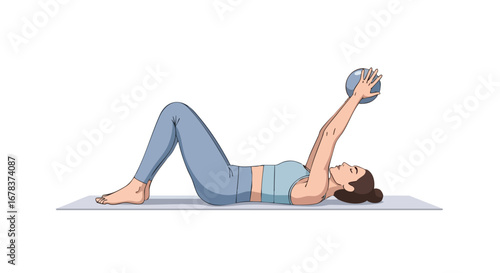 Illustrated depiction of a woman performing core strengthening exercises with a fitness ball on a yoga mat, showcasing wellness and physical fitness