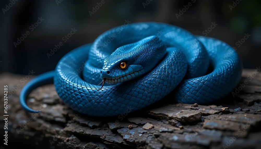 Fototapeta premium Coiled blue snake with amber eyes resting on rough bark in a dark environment