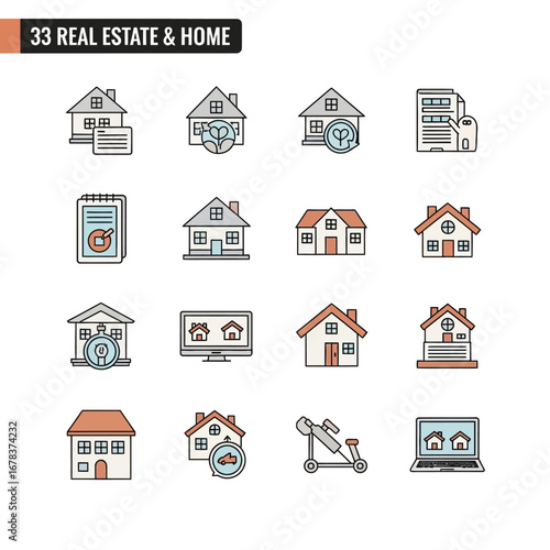 Diverse real estate icons symbolizing buying, selling, and home ownership with modern appeal