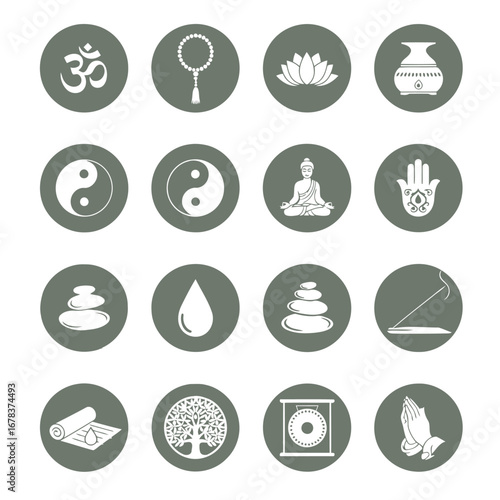 Collection of yoga and meditation symbols in circles on a white background.