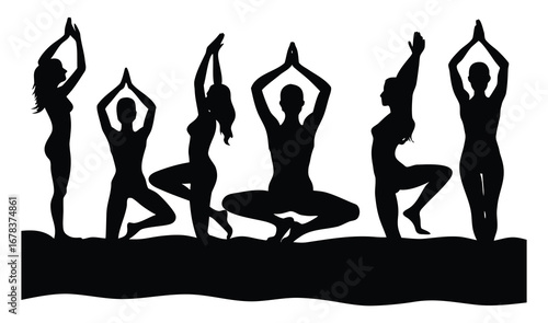 Silhouette of women performing yoga poses for wellness and fitness
