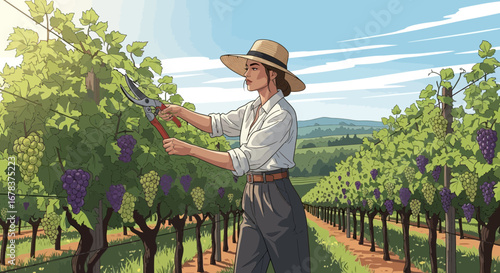 Vineyard worker inspecting grapes in the vineyard under the sun, vintage farm