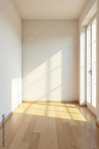 Sunlit Empty Room with Light Wood Flooring and White Walls