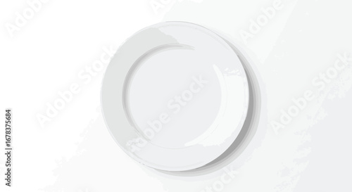 Minimalist depiction of a white dinner plate with subtle watercolor effect and soft shadows, showcasing understated elegance and simple design with