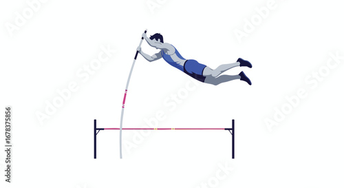 Athlete in dynamic motion executing a flawless pole vault jump with exceptional skill, power and grace over the bar in minimalistic style
