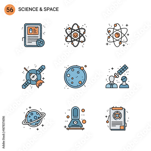 Explore scientific discovery with modern icons for atoms, planets, satellites, and research