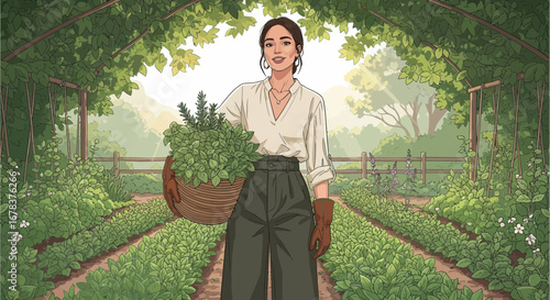 Aesthetic botanical garden, woman harvesting herbs from lush greenhouse