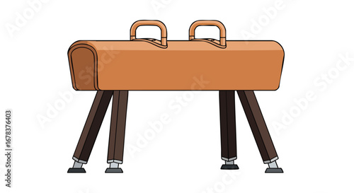 Illustrated pommel horse on a white backdrop showcasing gymnastic equipment from a unique angle, suitable for gymnastic instruction guides