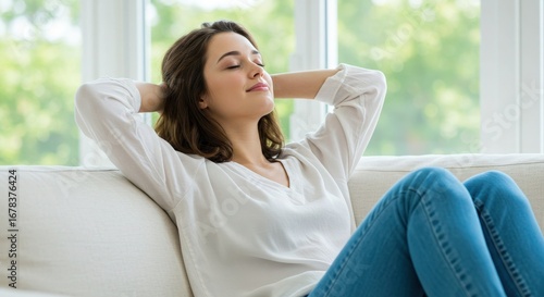 Young woman relaxing on a couch at home with her hands behind her head Free Download Young woman relaxing on a couch at home with her hands behind her head - GFXLoad