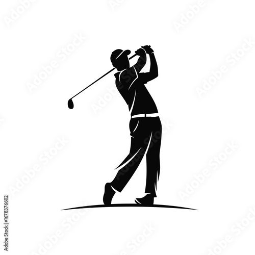 Silhouette of a golfer in mid-swing, capturing the dynamic motion of the sport against a clean white background.