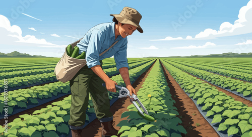 Agriculture scene of happy farmer harvesting fresh cucumbers on farm