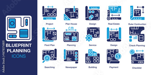 Blueprint Planning icon set. Containing design, blueprint, sketch, construction, engineer, and more. Solid vector icons collection. Vector illustration.
