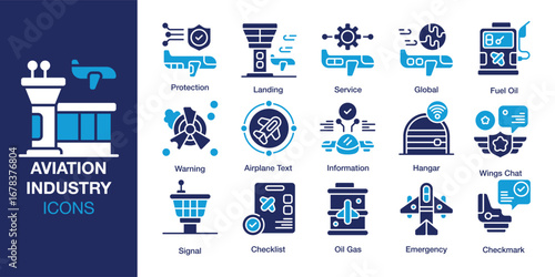 Aviation Industry icon set. Containing aviation, plane, airplane, industry, and more. Solid vector icons collection. Vector illustration.