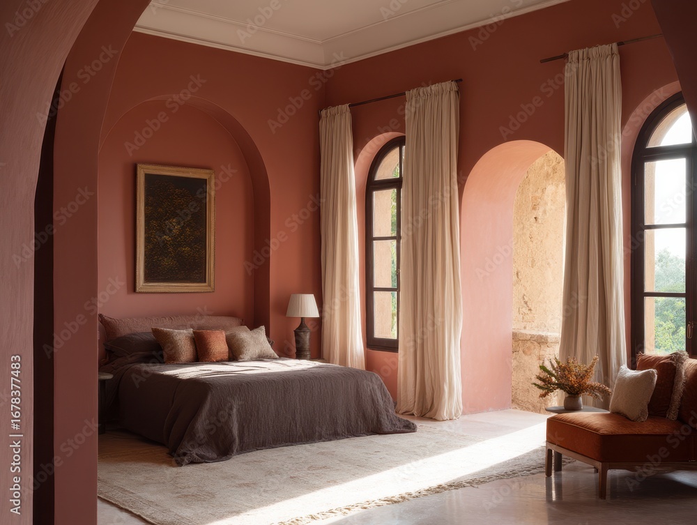 Fototapeta premium A serene bedroom with arched openings showcases a sophisticated palette of terracotta and cream tones.