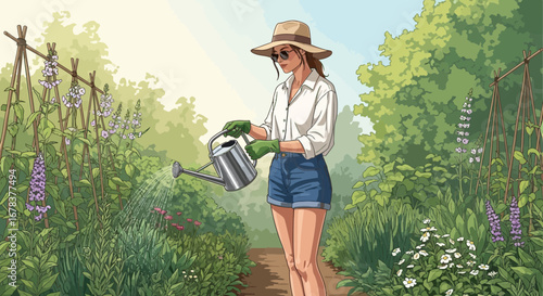 Carefree gardener watering her flower beds, enjoying the lush garden