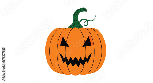 Cartoonish halloween pumpkin carving, stylized face with jagged smile and triangular eyes against a stark white background to enhance design aspects