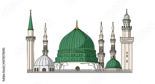 Detailed architectural illustration of Al-Masjid an-Nabawi mosque with its domes and minarets in Medina, Saudi Arabia