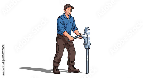 Construction worker operating machinery on white backdrop industrial setting