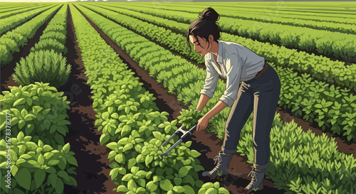 Dedicated Farmer Cultivating a Bountiful Crop Field with Precision and Care