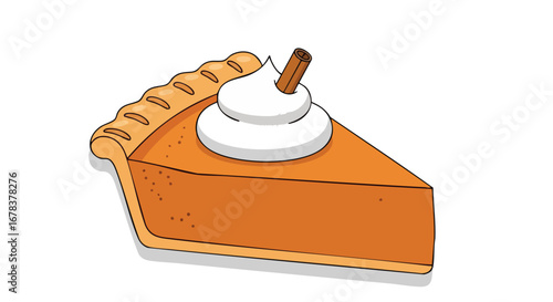 Captivating autumnal delight: a slice of pumpkin pie with whipped cream and cinnamon stick topping isolated on white backdrop