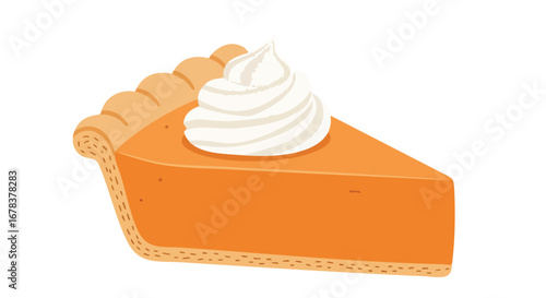 Vibrant depiction of a delightful pumpkin pie slice topped with creamy, swirling whipped cream, perfect for festive fall celebrations and culinary