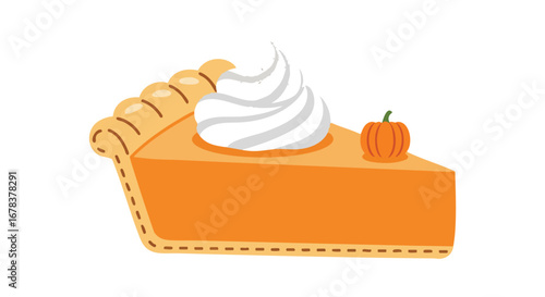 Delightful slice of festive pumpkin pie with whipped cream and a mini pumpkin illustration to evoke autumnal sweetness