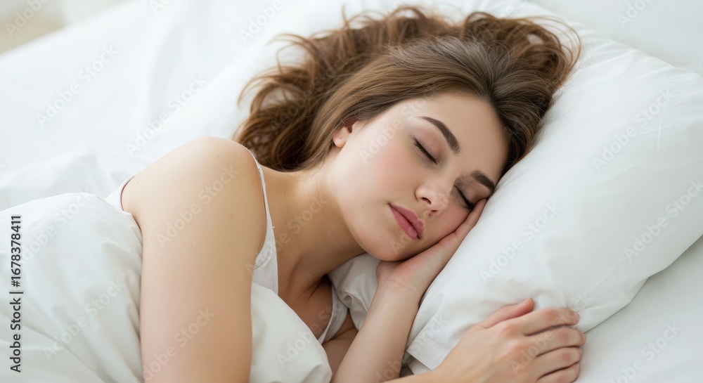 A beautiful young woman is sleeping peacefully in her bed with a white pillow