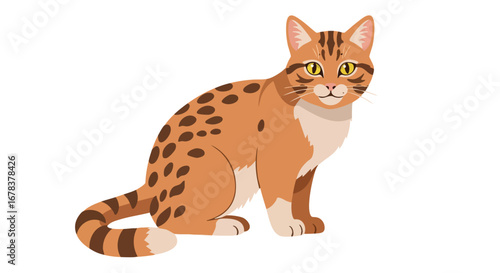 Stylized feline portrait with rosette markings, showcasing an illustration of a ginger cat in a seated position against a pristine white backdrop