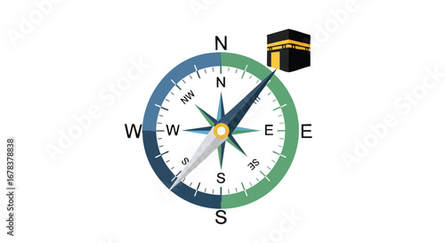 Geometric compass illustrating Qibla direction using gradients and simplified Kaaba for Islamic guidance and orientation tool in minimalist design