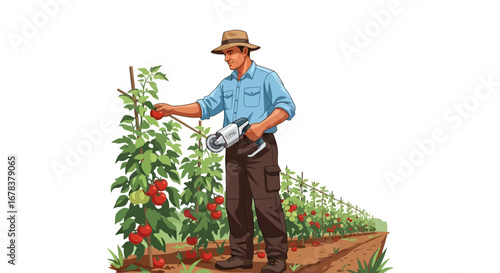 Farmer Harvesting Ripe Tomatoes with Advanced Gardening Technology Tool
