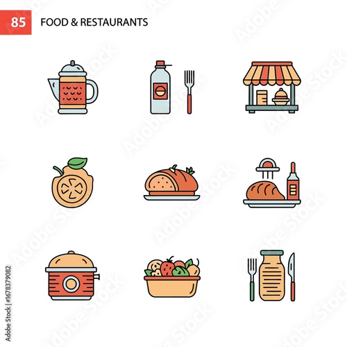 Diverse food and restaurant icons for culinary projects and marketing materials, vibrant and modern