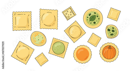 Hand-Drawn Pasta Variety Illustration: Collection of Unique Stuffed Pastas with Different Fillings, Ideal for Food-Related Designs
